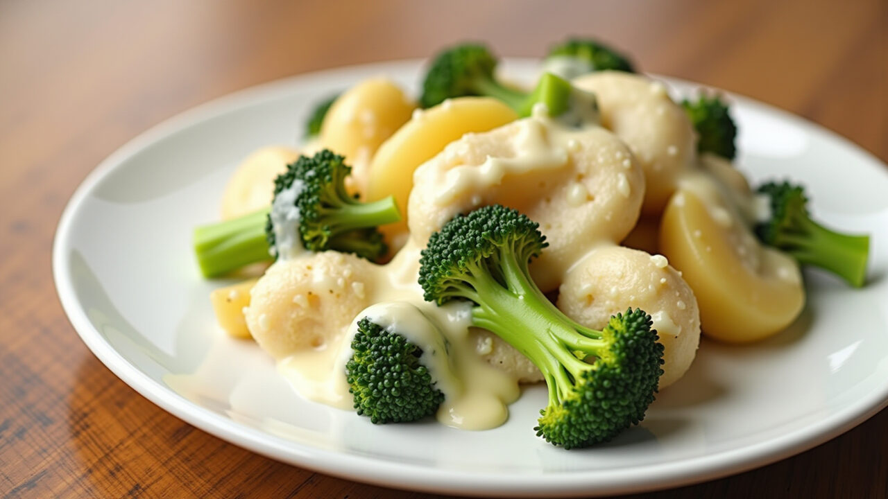Potato gratin with broccoli and white sauce, creamy and cheesy, professional photography, 8K Batata gratinada com brócolis e molho branco, opção saudável.