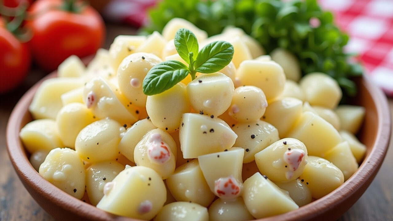 Potato salad with homemade mayonnaise, fresh ingredients, picnic setting, vibrant colors, 8K Salada de batata com maionese caseira, fresca e saborosa.
