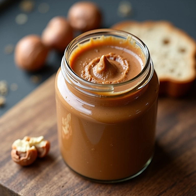 Pote de pasta de avelã caseira sobre fatia de pão integral.