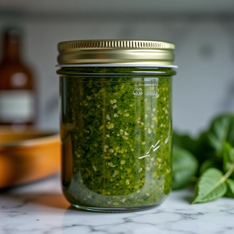 Pote de pesto na geladeira, com a data de validade visível.