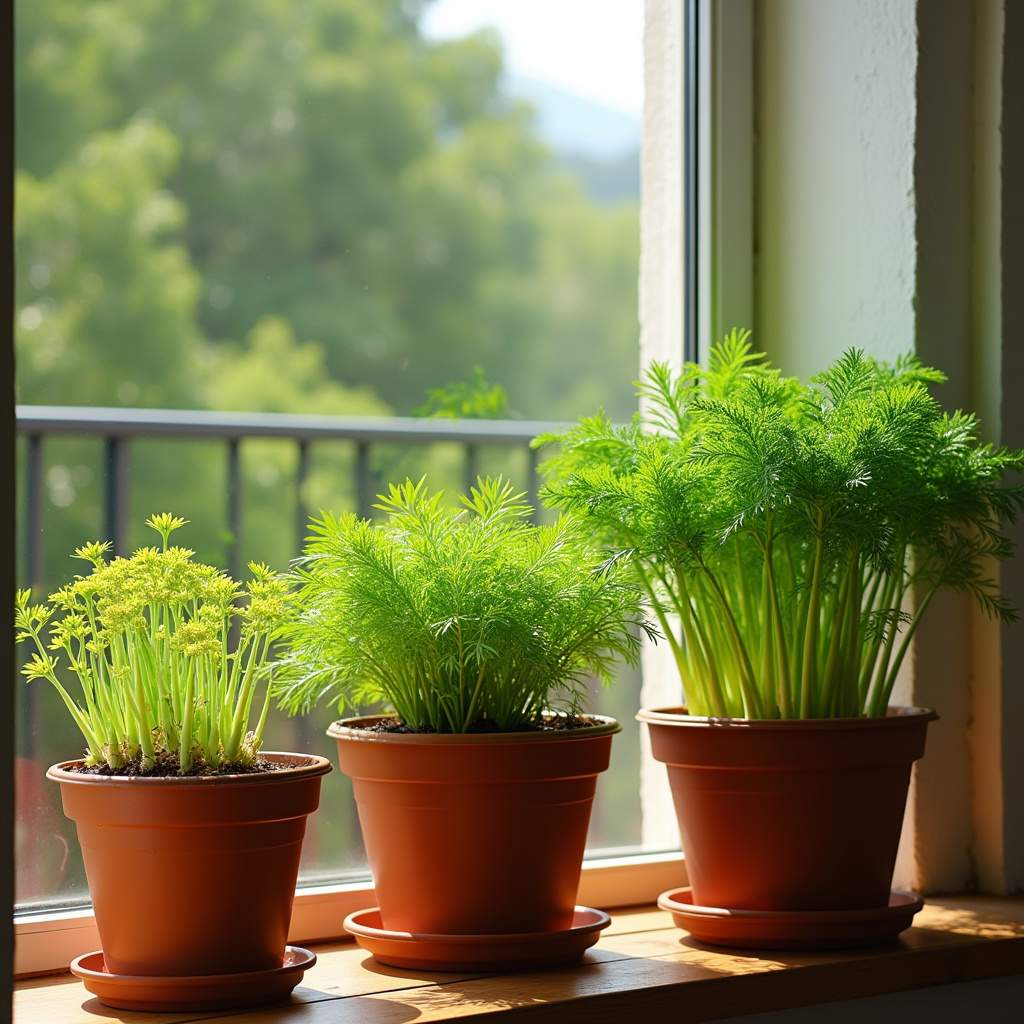 Potted fennel plants on a sunny balcony, vibrant colors, Farm Rio style, natural lighting, 8K Erva doce em vasos: cultivo de sucesso.