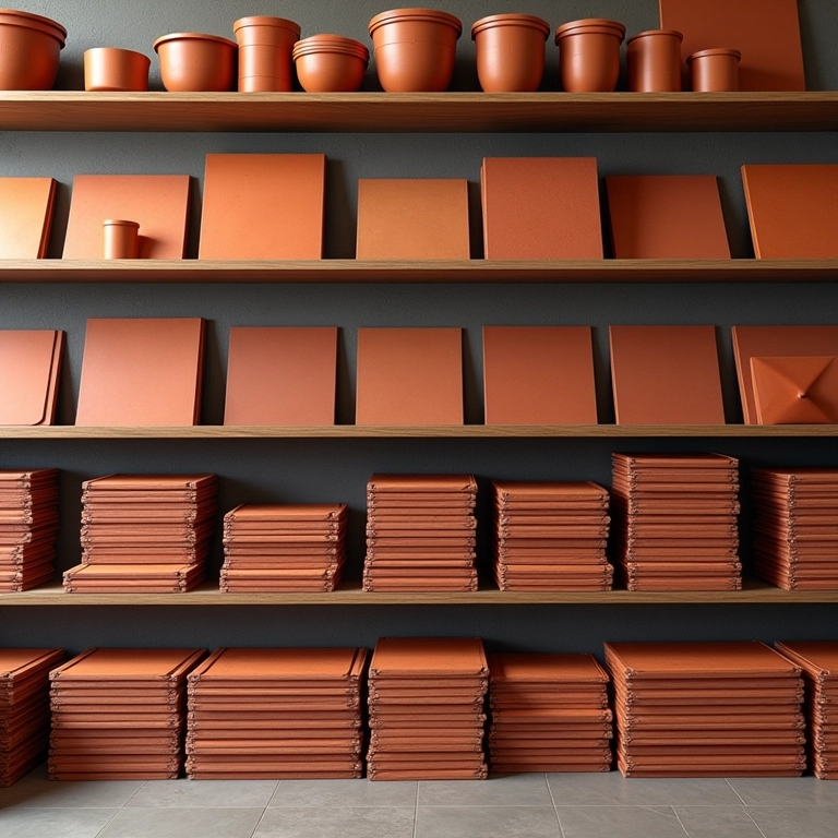 Prateleiras cheias de lajotas em uma loja.