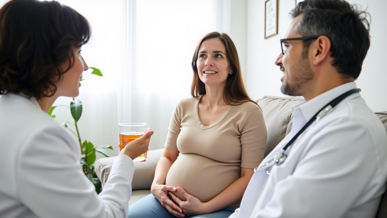 Pregnant woman consulting doctor about guava leaf tea, concerned expression, doctor explaining, Grávida consultando médico sobre chá de goiaba.