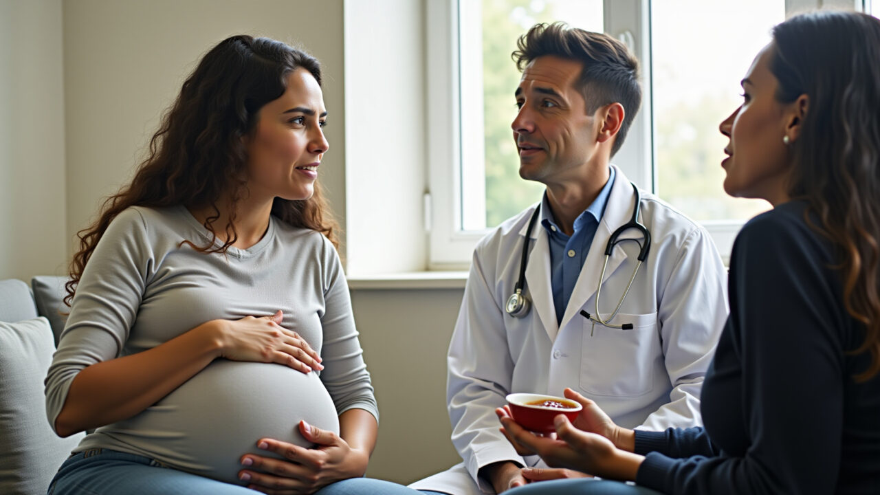 Pregnant woman consulting doctor about uvaia tea, concerned expression, medical office, natural Gestante consultando médico sobre o consumo de chá de uvaia.