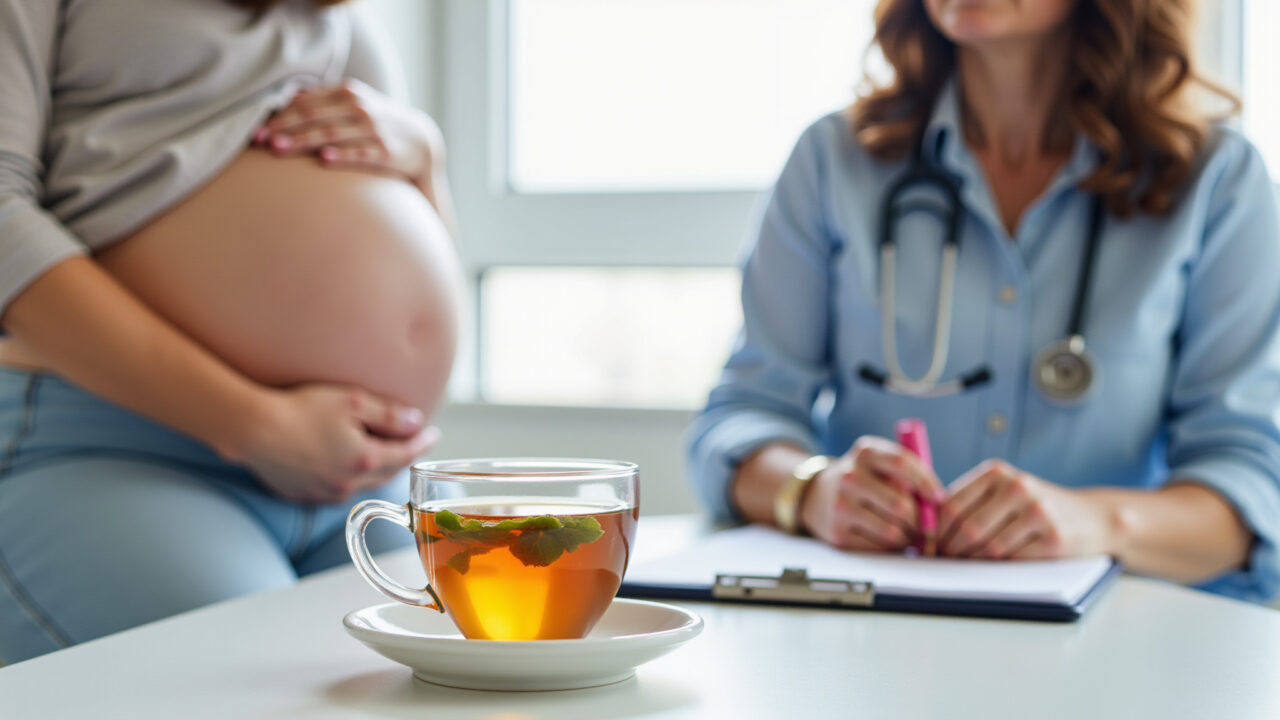 Pregnant woman consulting doctor, cup of passion fruit leaf tea on table, concerned expression, Chá de folha de maracujá e gravidez.