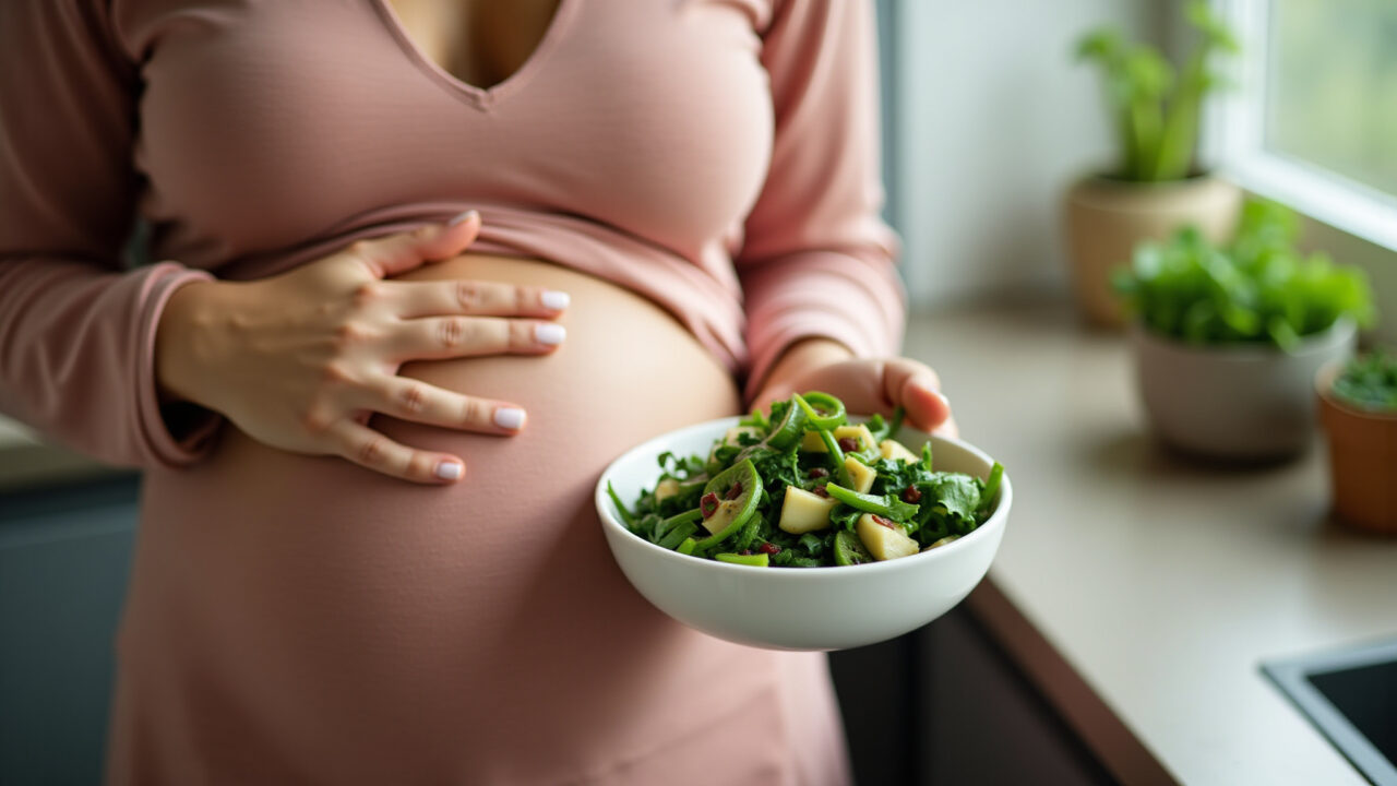 Pregnant woman eating okra salad, healthy pregnancy, natural light, lifestyle photography, 8k Grávida comendo salada de quiabo, gestação saudável.