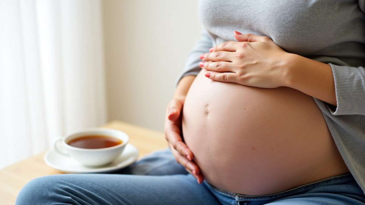 Pregnant woman holding her belly, worried expression, cup of tea aside, contraindications concept, Contraindicações do chá de folha de siriguela.