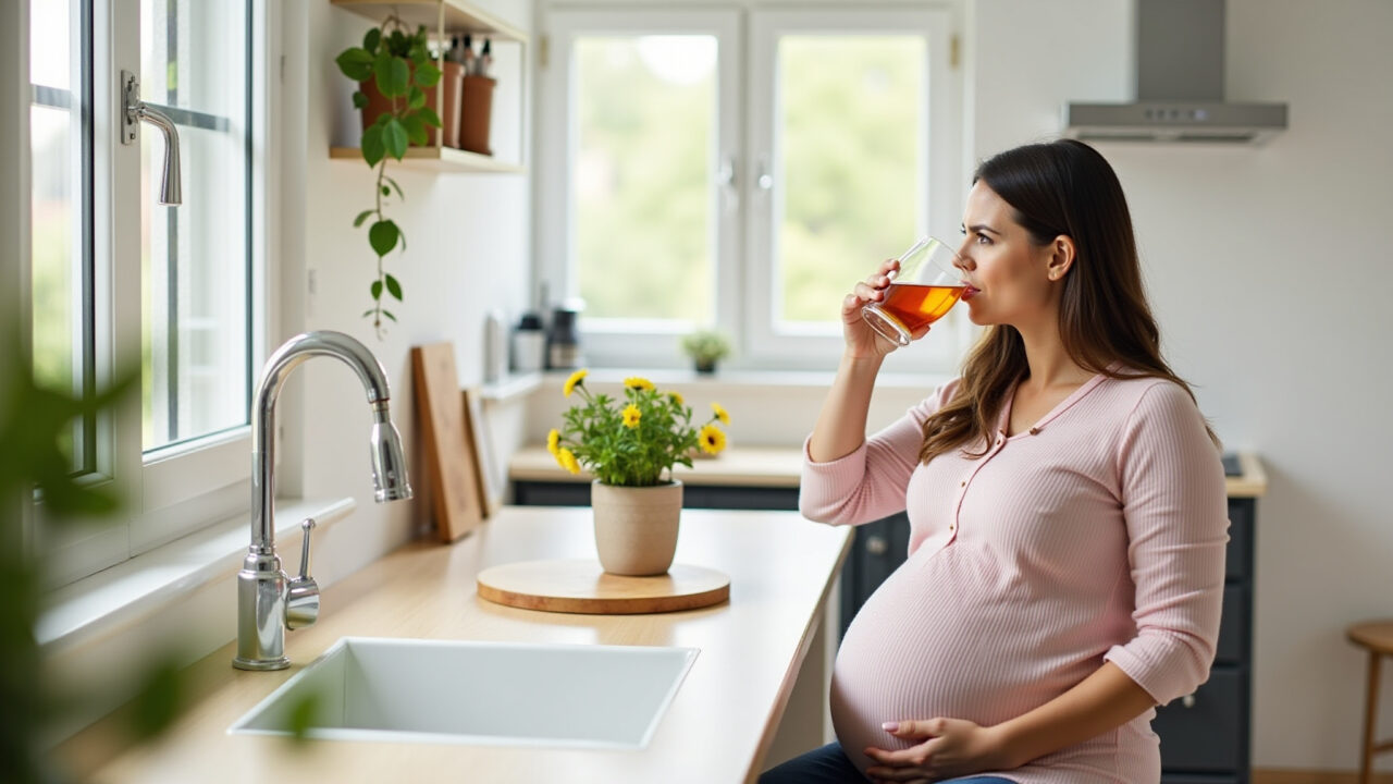 Pregnant woman sipping ginger tea to relieve morning sickness, bright kitchen, lifestyle Grávida tomando chá de gengibre para enjoo.