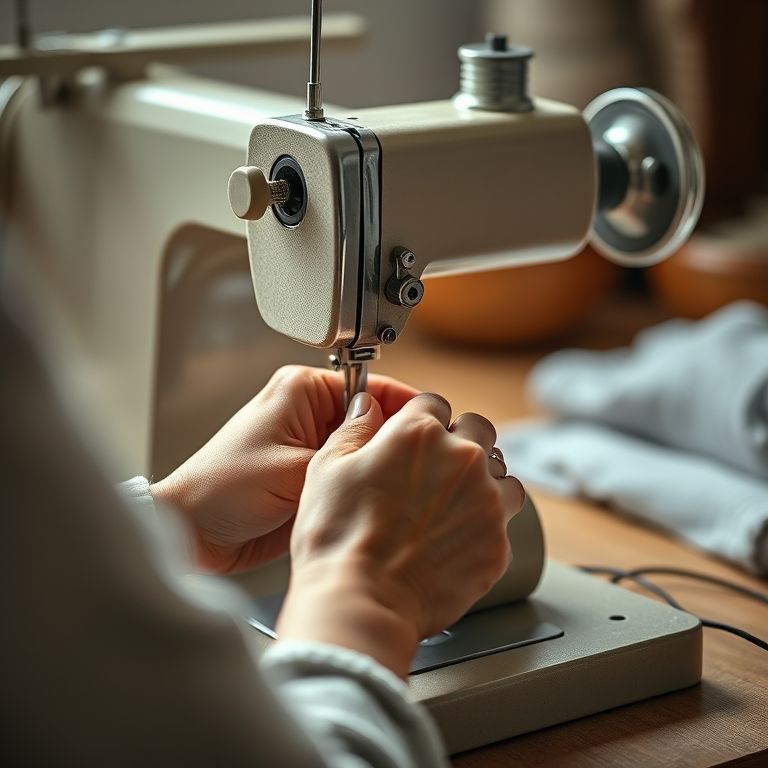 Preparando a máquina de costura: enfiando a agulha e verificando a bobina.