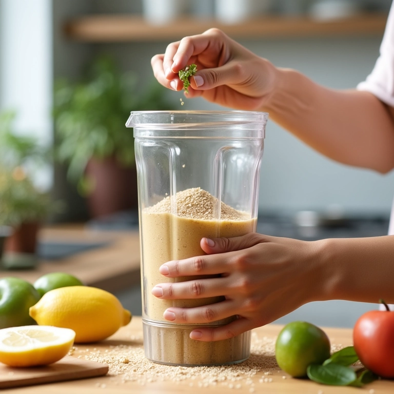 Preparando smoothie com linhaça.