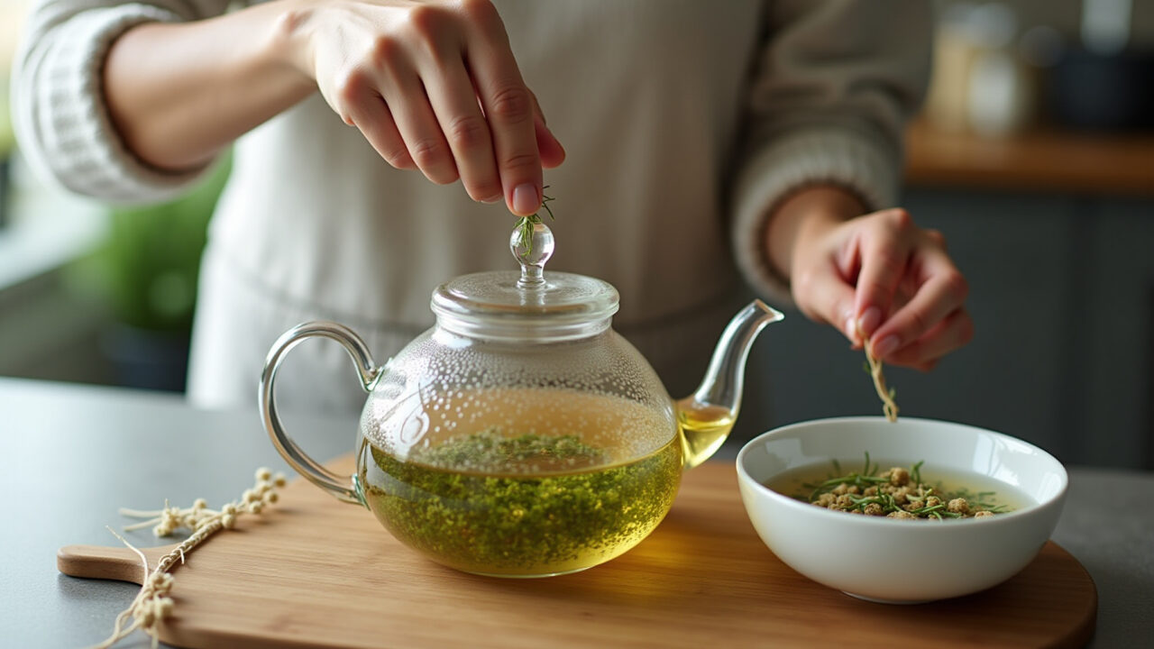Preparing fennel tea infusion: woman adding dried fennel to hot water in a glass teapot. Natural Preparo de infusão de chá de erva-doce.