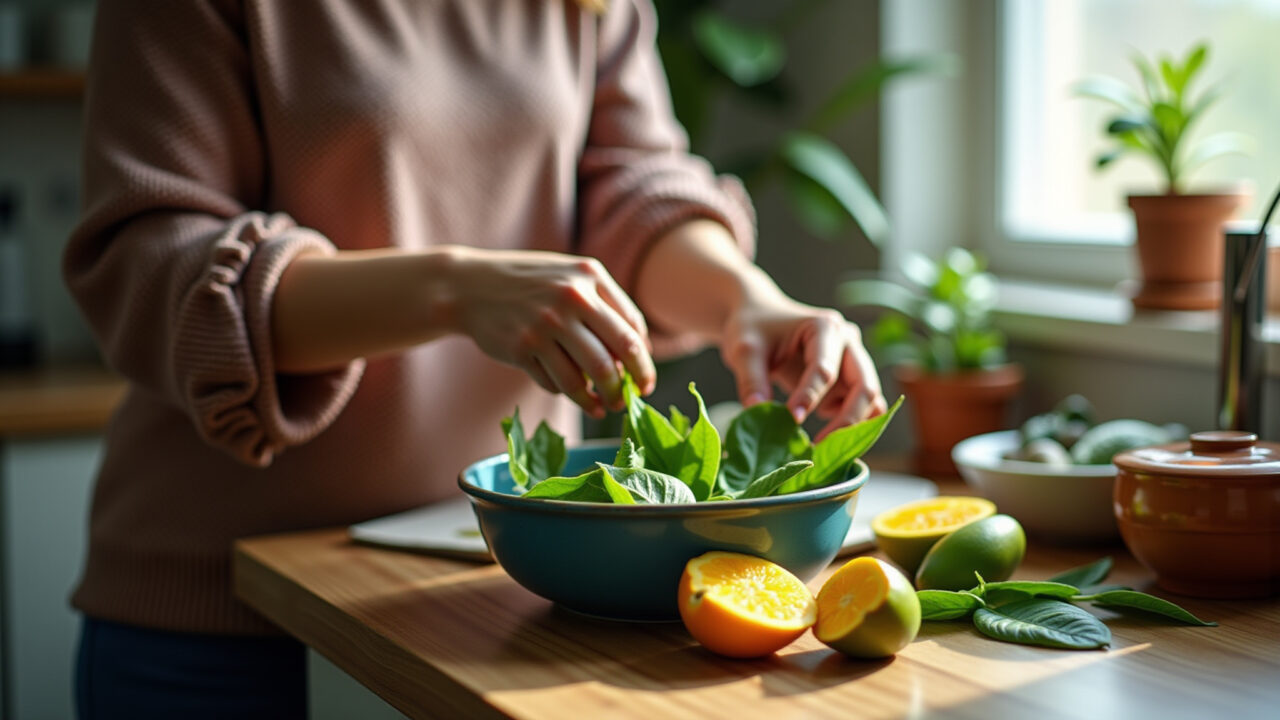 Preparing fresh mango leaf tea at home, woman washing leaves, natural light, 8k, lifestyle Preparando chá de folha de manga em casa.