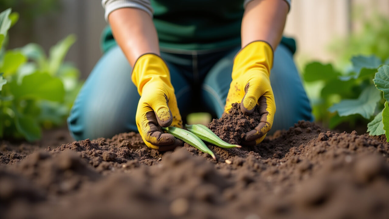 Preparing garden soil, adding compost, woman gardening gloves, backyard, organic gardening, Preparando o solo com composto orgânico para plantar quiabo no quintal.