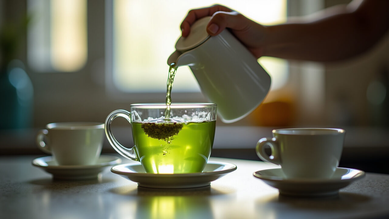 Preparing green tea, 80°C water, tea leaves infuser, natural lighting, kitchen setting, Brazilian Preparo correto do chá verde com infusor.
