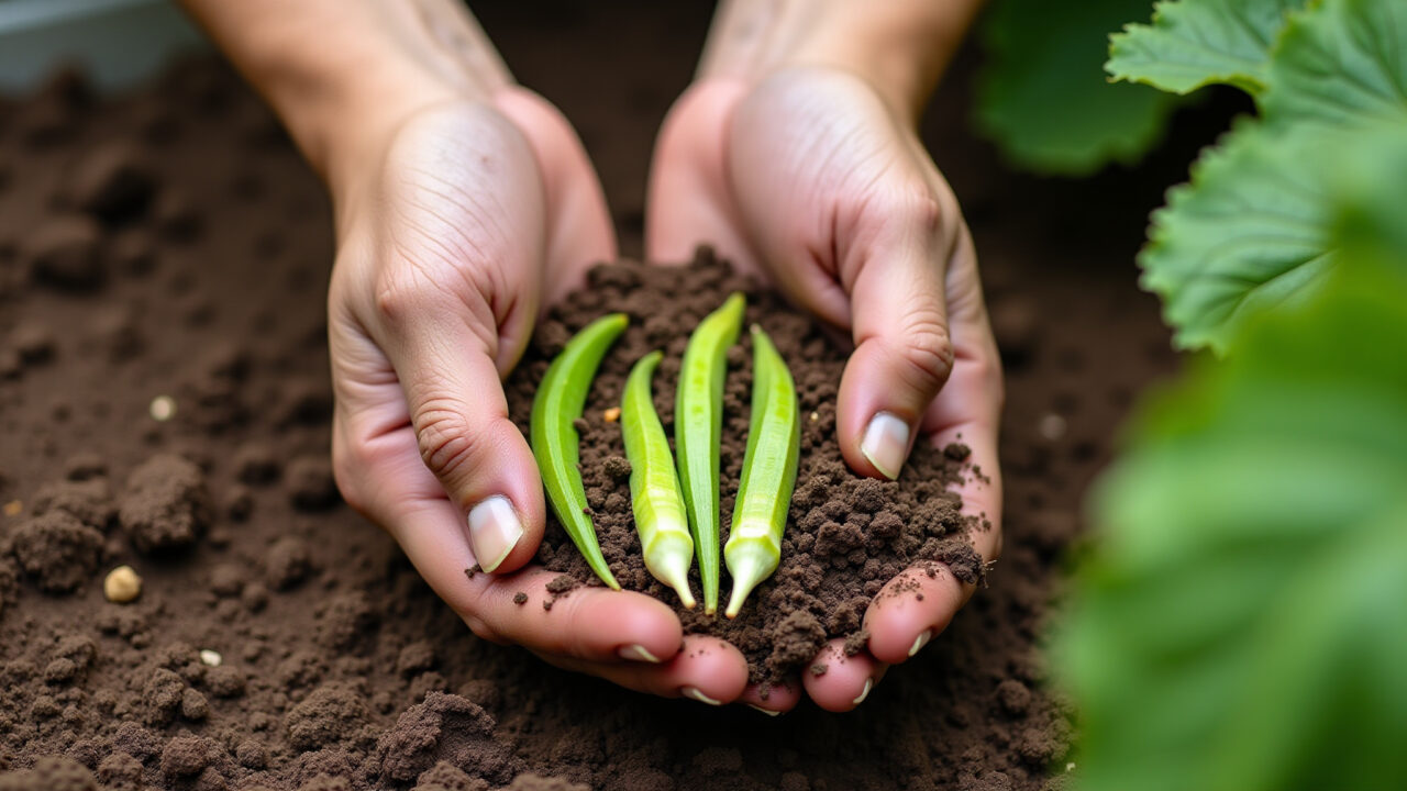 Preparing okra soil: hands mixing compost and fertilizer in a garden bed. Farm Rio style, vibrant Preparando o solo para plantar quiabo.