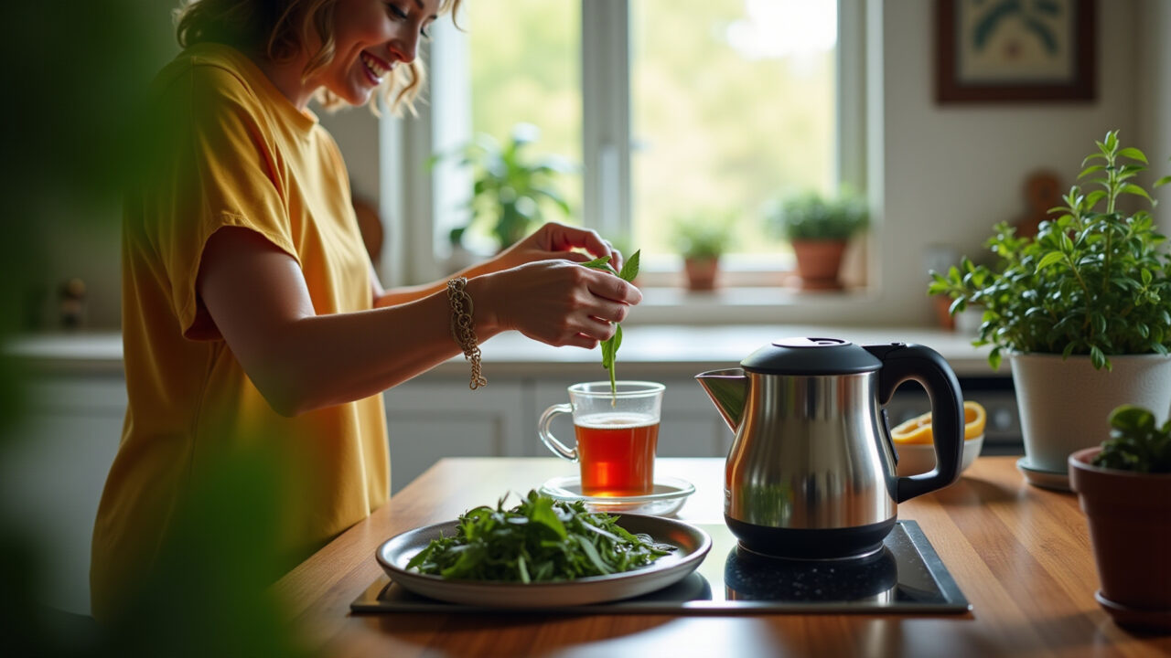 Preparing siriguela leaf tea, woman adding leaves to hot water, bright kitchen, Brazilian decor, Preparando chá de folha de siriguela em casa.