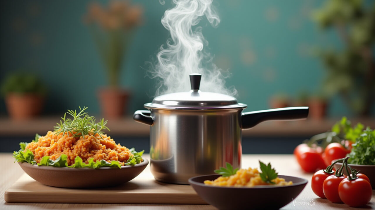 Pressure cooker 'Frango com Quiabo', steam rising, quick meal concept, vibrant colors, natural Frango com Quiabo na panela de pressão.