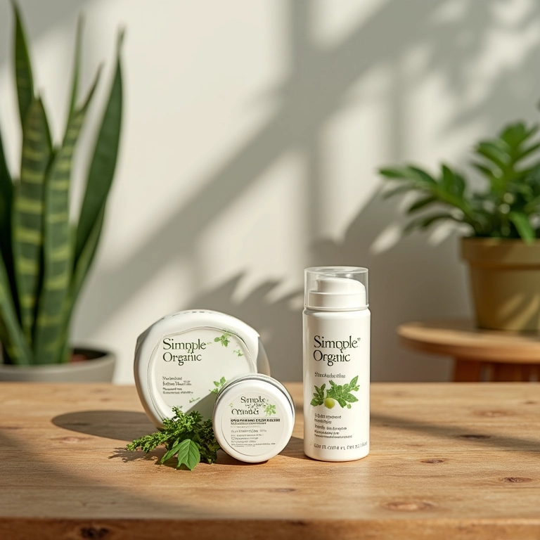 Produtos Simple Organic em mesa de madeira rústica.