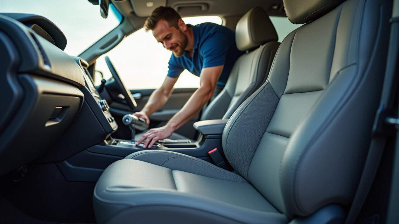 Professional car upholstery waterproofing, technician applying product, car interior, natural Estofado de carro sendo impermeabilizado profissionalmente.