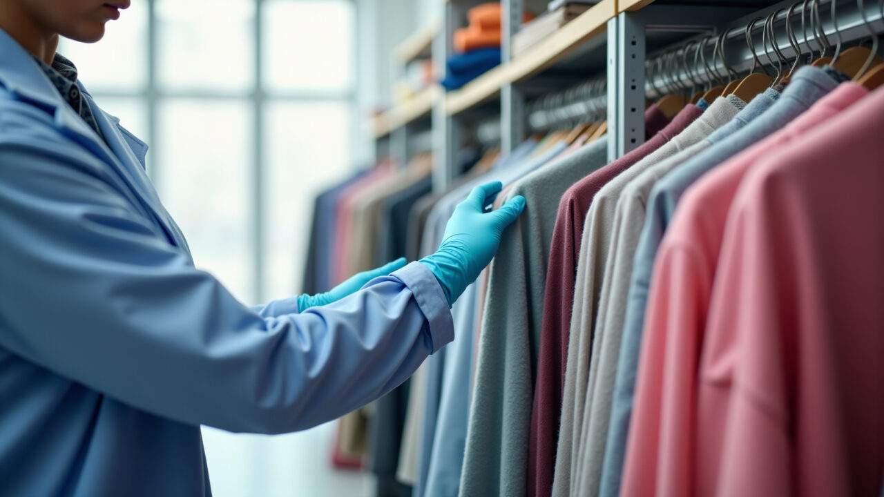 Professional cleaning delicate clothes, waterproofing service, natural light, commercial Roupas delicadas recebendo impermeabilização profissional.