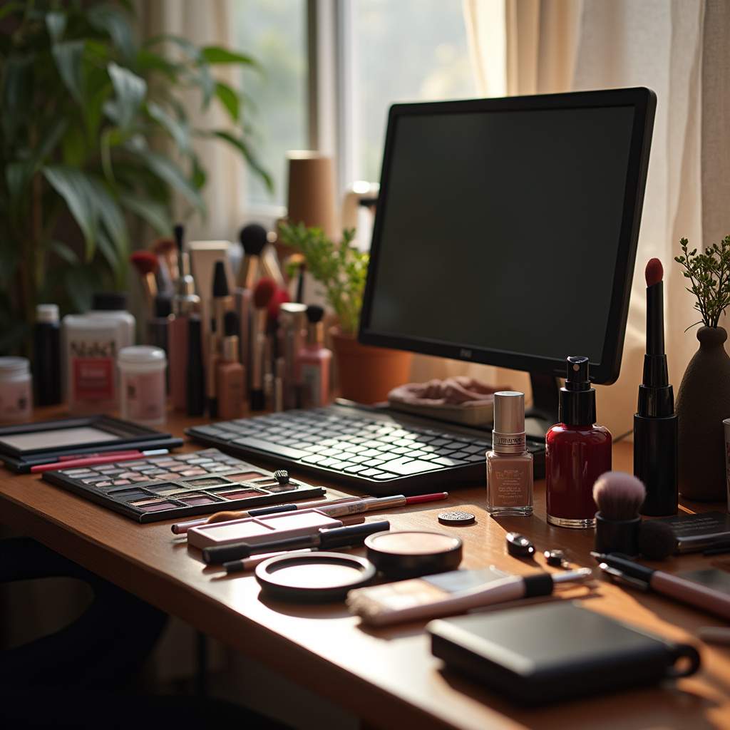 Professional makeup accessories on a table, bright natural lighting, commercial photography, 8K Acessórios profissionais de maquiagem.