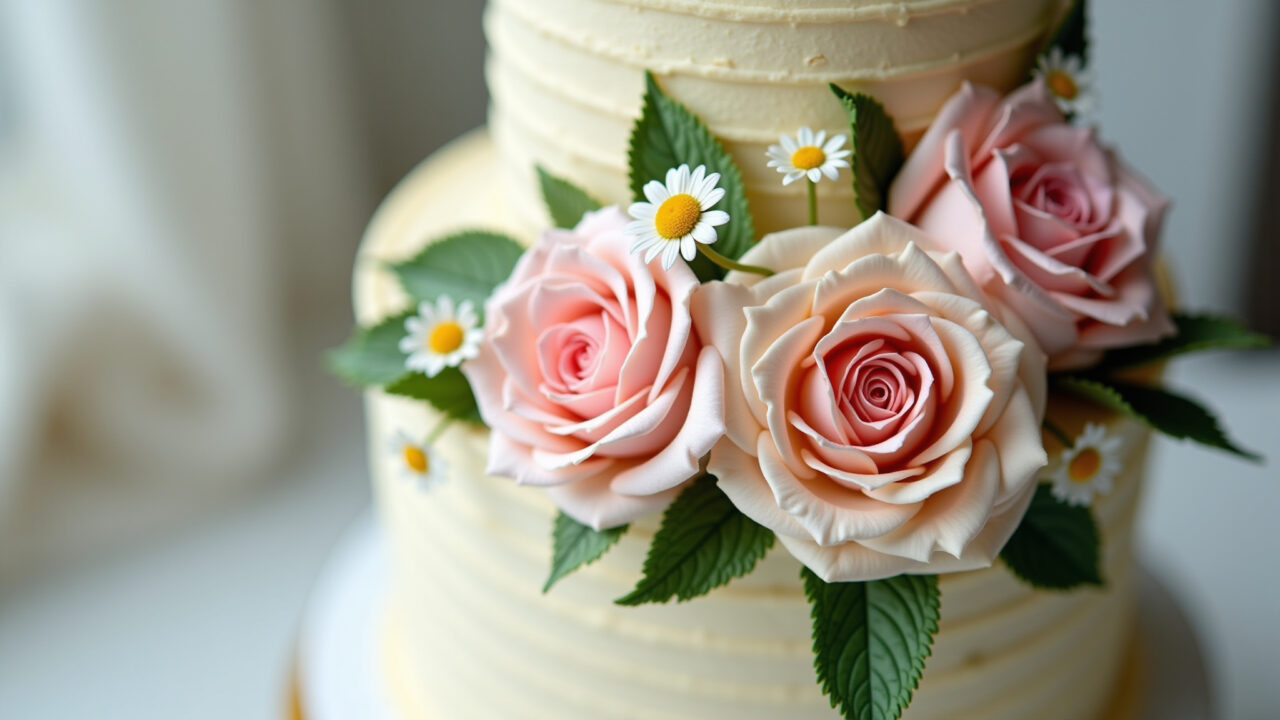Professional photography, 8K, a romantic chantilly cake with delicate chantilly flowers (roses, Bolo de chantilly com tema floral.