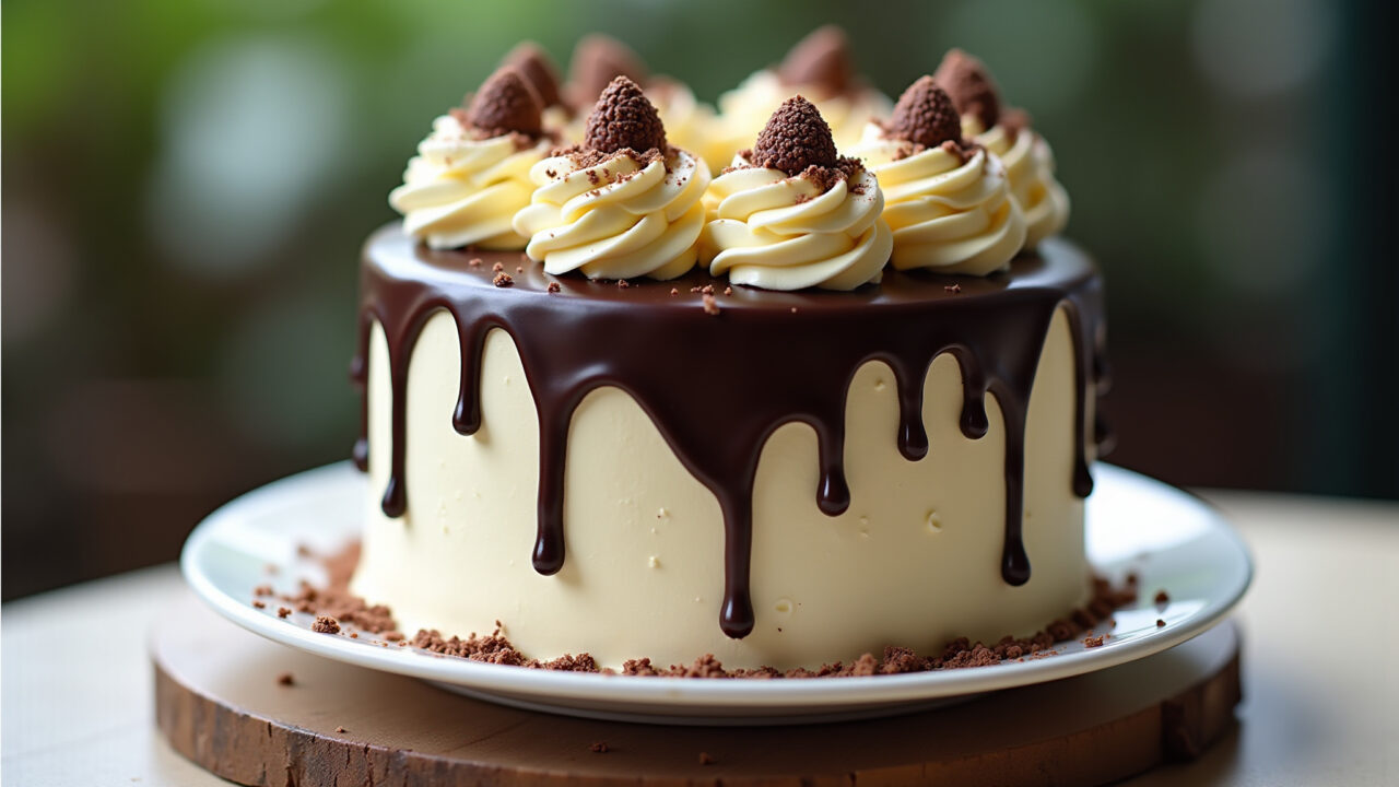 Professional photography, 8K, chantilly cake with chocolate ganache dripping down the sides, Bolo de chantilly com ganache de chocolate.
