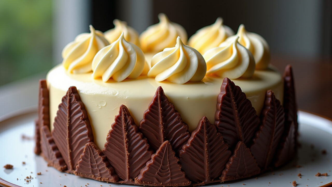 Professional photography, 8K, chantilly cake with chocolate scales cascading down the sides, made Bolo de chantilly com escamas de chocolate.