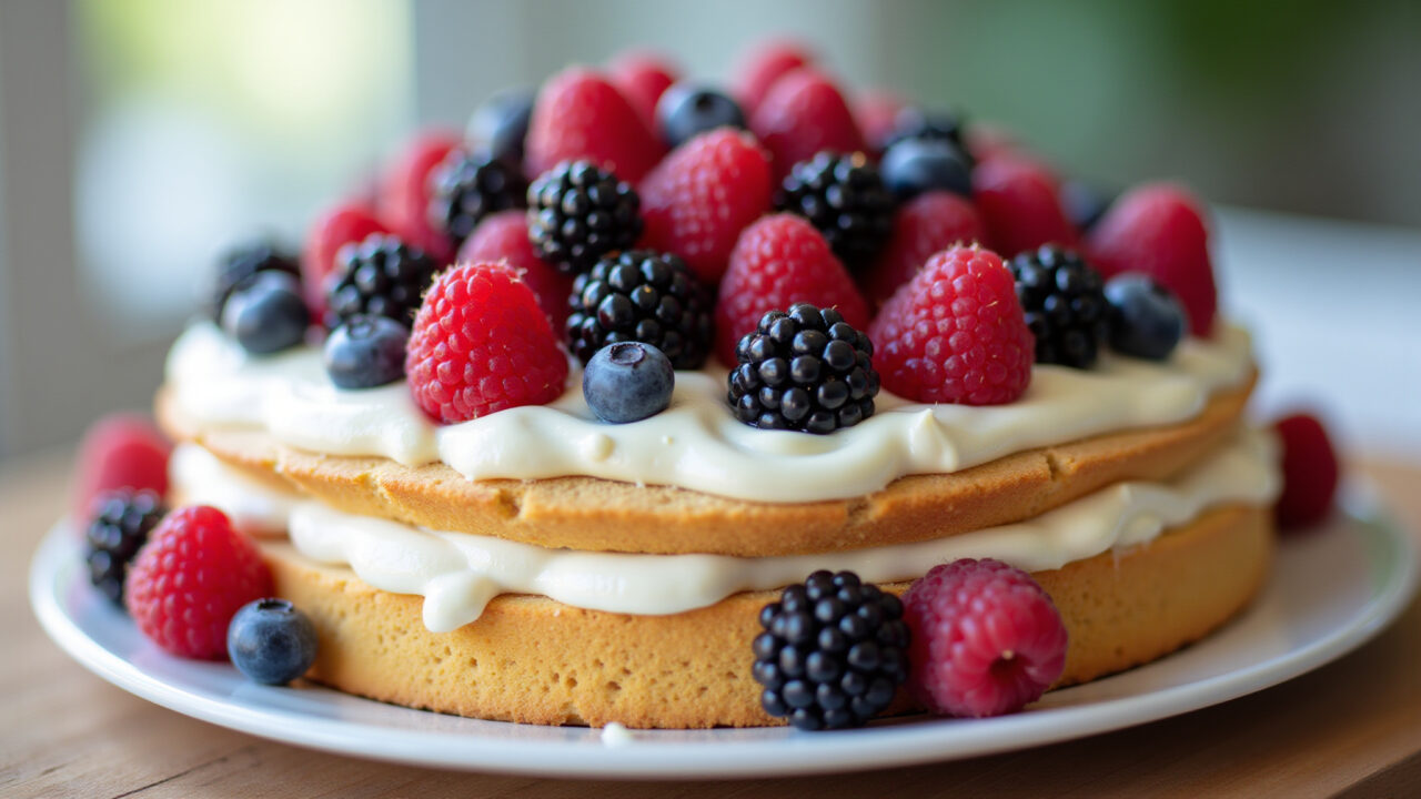 Professional photography, 8K, chantilly cake with raspberries, blueberries, blackberries scattered Bolo de chantilly com frutas vermelhas.