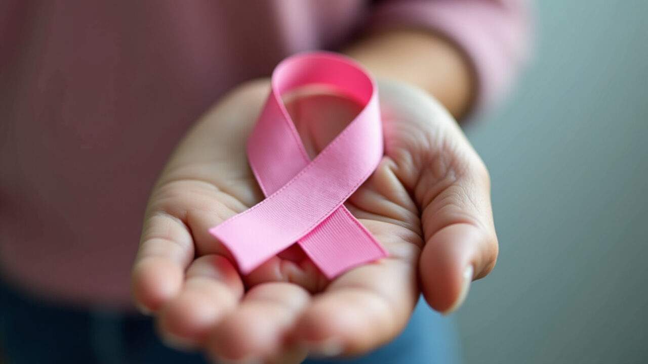 Laço rosa, símbolo do Outubro Rosa, na mão de uma mulher.
