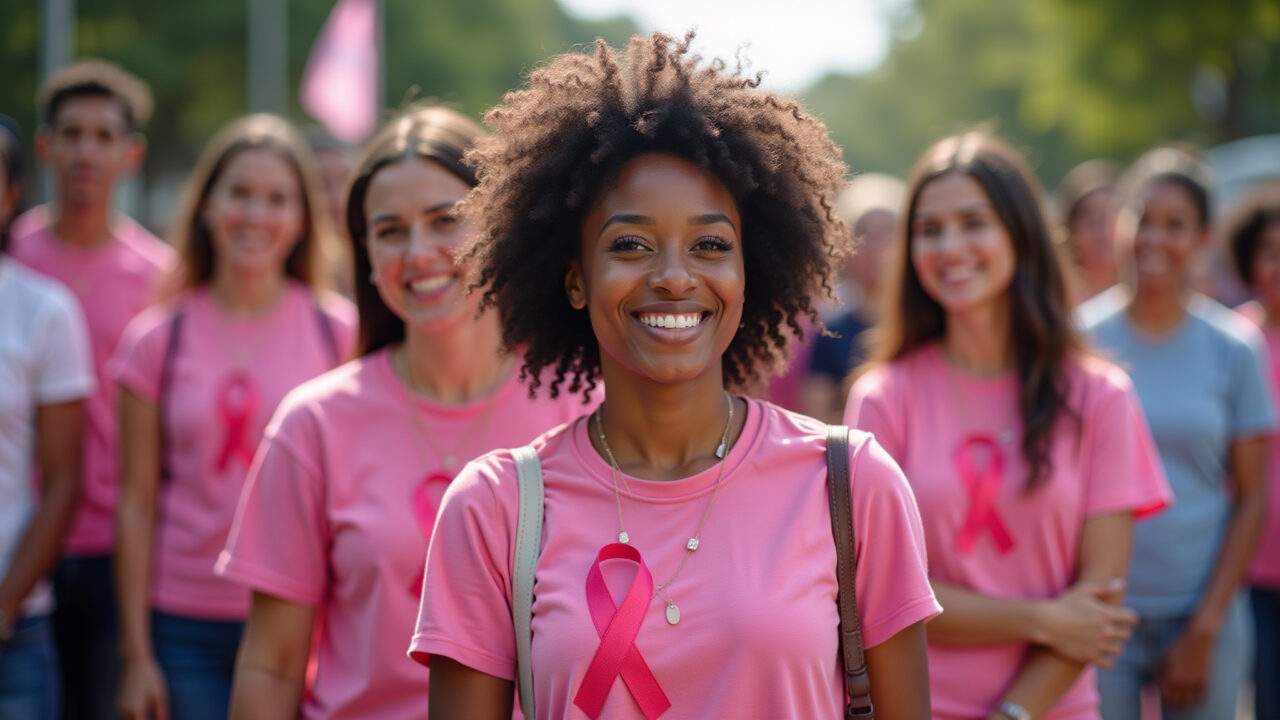 Pessoas unidas em apoio ao Outubro Rosa.
