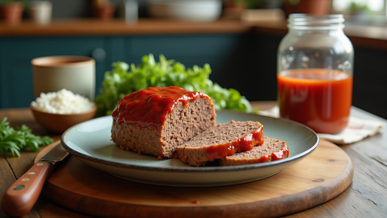 Professional photography, 8K, meatloaf with ground hamburger meat, homemade tomato sauce, rustic Bolo de carne caseiro feito com carne de hambúrguer moída.