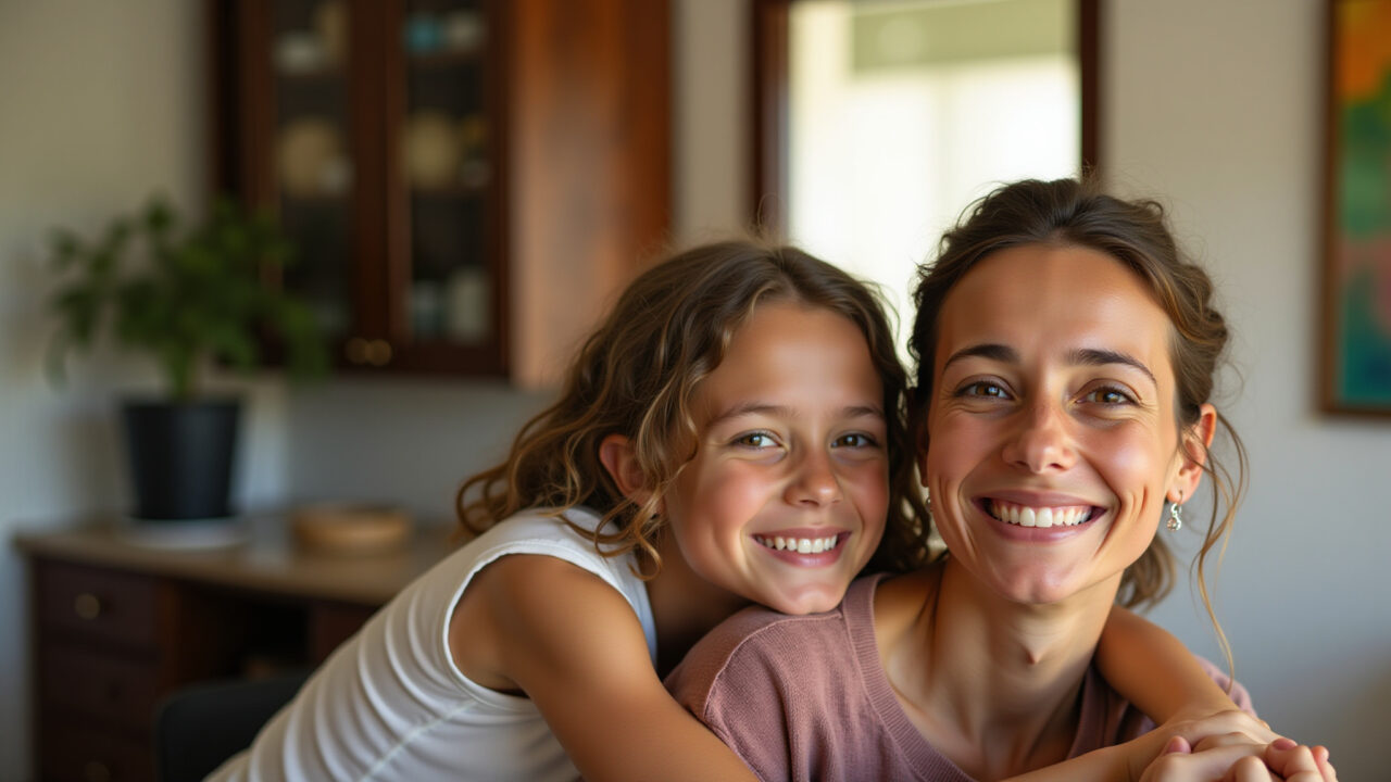 Professional photography, 8K quality, mother and daughter embracing, warm natural lighting, Mãe e filha se abraçando no dia do aniversário.