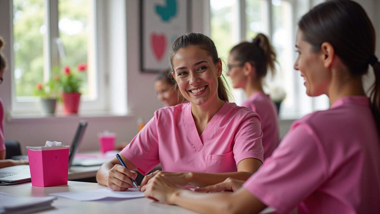 Voluntários trabalhando em instituição de apoio ao câncer de mama.