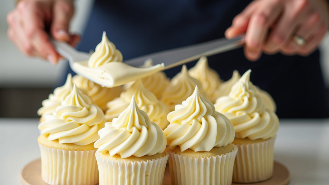 Professional photography, buttercream frosting consistency test, spatula lifting frosting, sharp Teste de consistência de glacê para decoração de bolo.