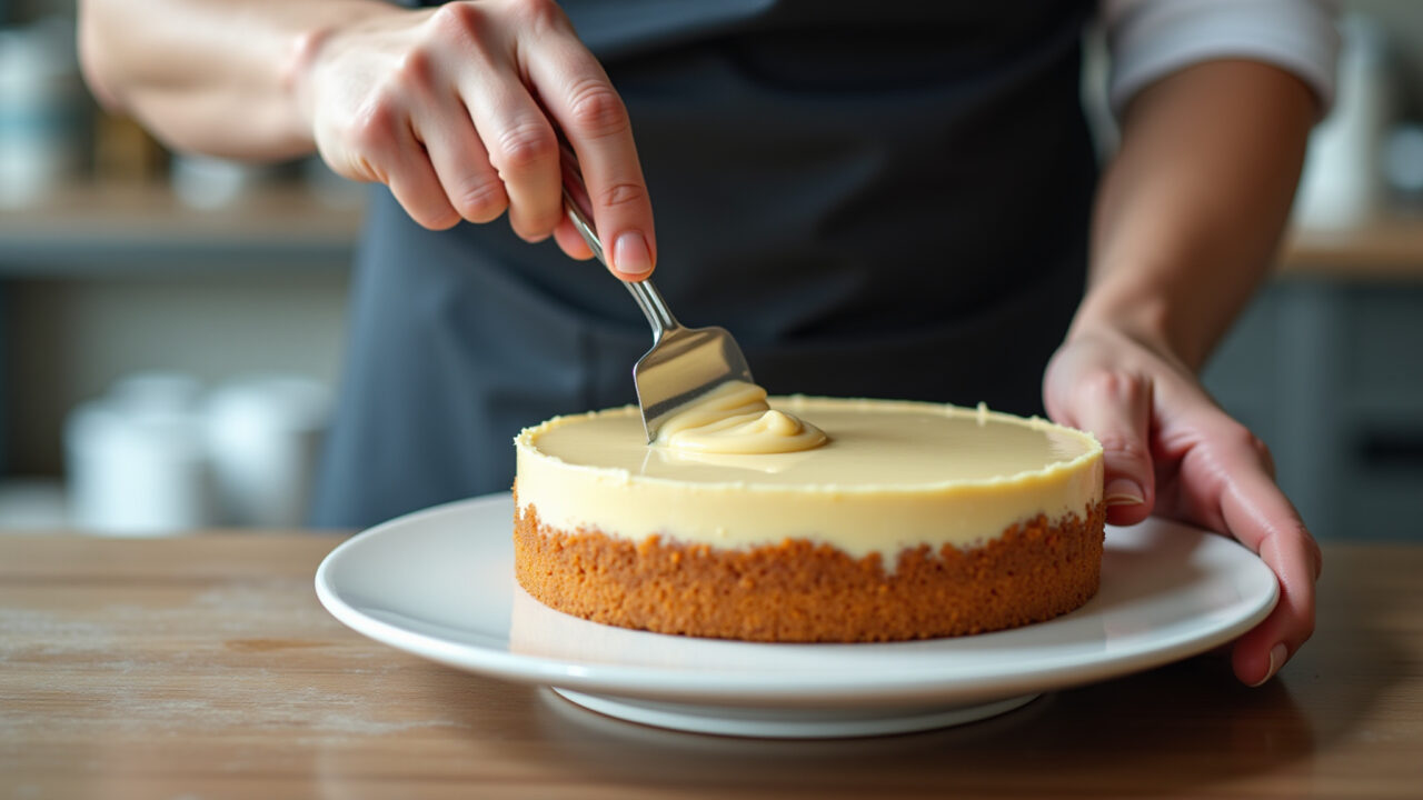 Professional photography of a baker applying ganache to a cake for a smooth finish, natural Bolo sendo blindado com ganache para decoração.