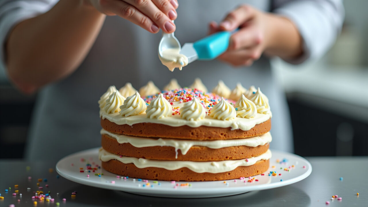 Professional photography of a baker decorating a layered cake with buttercream frosting and Confeiteira decorando bolo com buttercream e granulados coloridos.