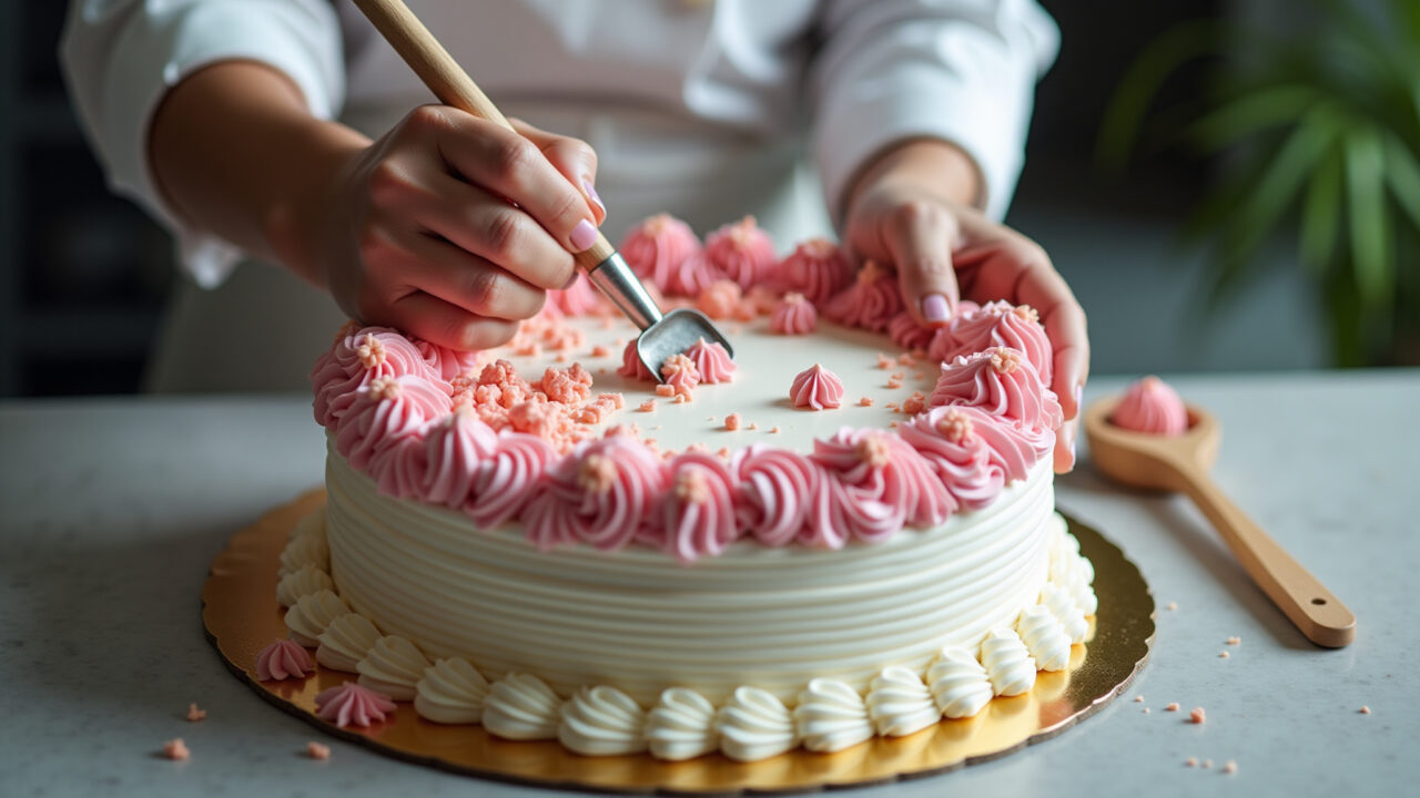 Professional photography of a baker decorating a themed cake with fondant, natural lighting, 8K Bolo temático sendo decorado com pasta americana.