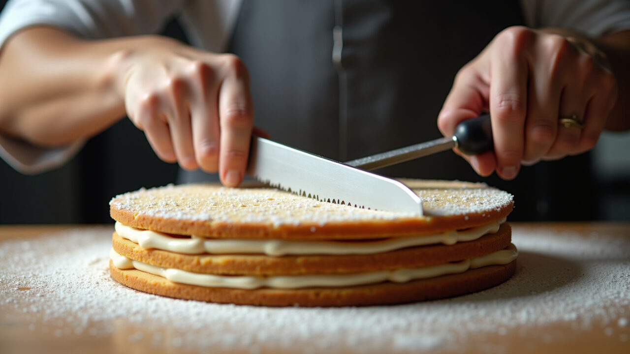 Professional photography of a baker leveling cake layers with a serrated knife, natural lighting, Camadas de bolo sendo niveladas com faca de serra.