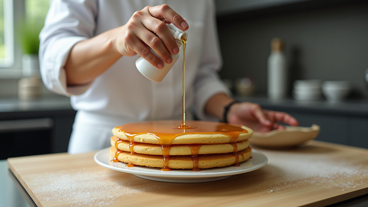 Professional photography of a baker using a spray bottle to moisten cake layers with syrup, natural Bolo sendo umedecido com calda usando borrifador.