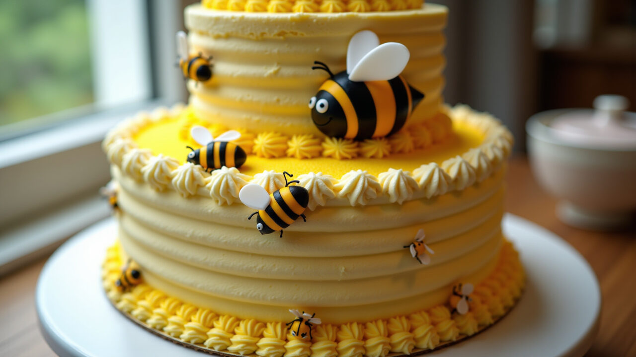 Professional photography of a bee cake with chantilly frosting, yellow and black stripes, fondant Bolo abelhinha com cobertura de chantilly.