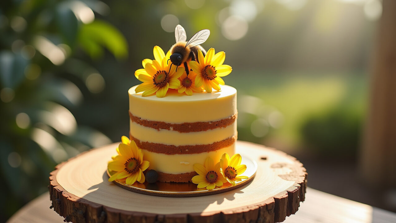 Professional photography of a bee cake with edible flowers, outdoor party setting, natural Bolo abelhinha decorado com flores comestíveis.