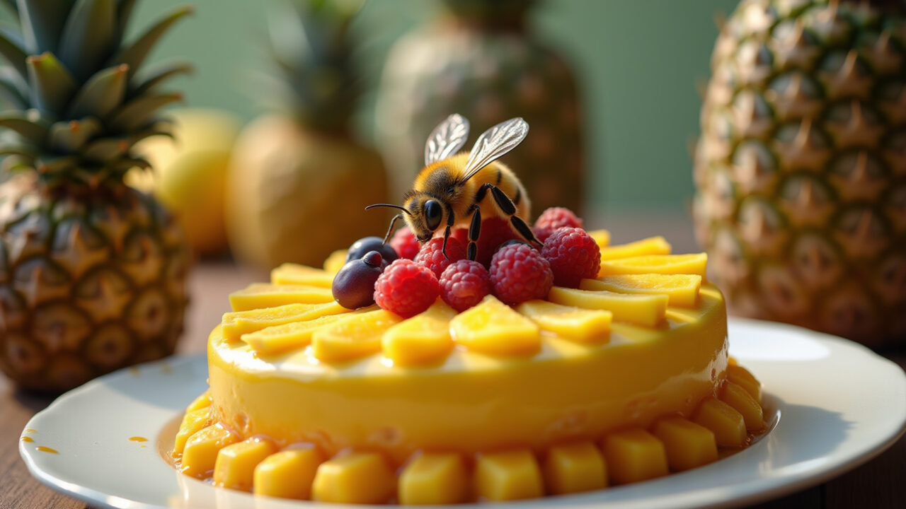 Professional photography of a bee cake with fresh fruits, mango, pineapple, natural lighting, 8K Bolo abelhinha com frutas.