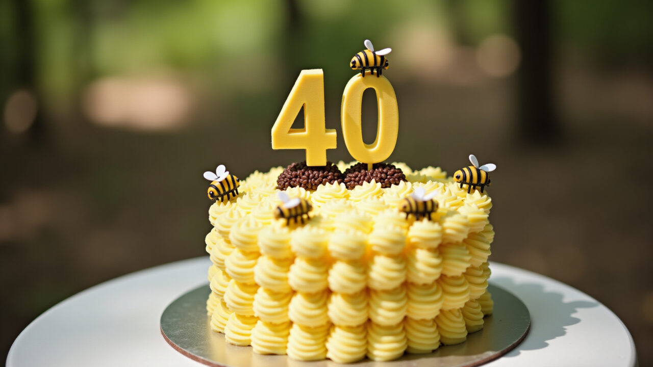 Professional photography of a bee mesversary cake, monthly milestone, bee toppers, natural Bolo abelhinha para mesversário.