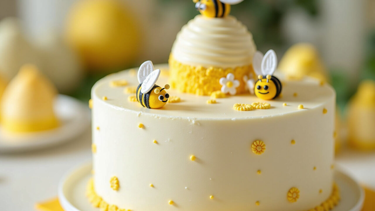 Professional photography of a bee-themed baby shower cake, pastel colors, bee decorations, natural Bolo abelhinha para chá de bebê.