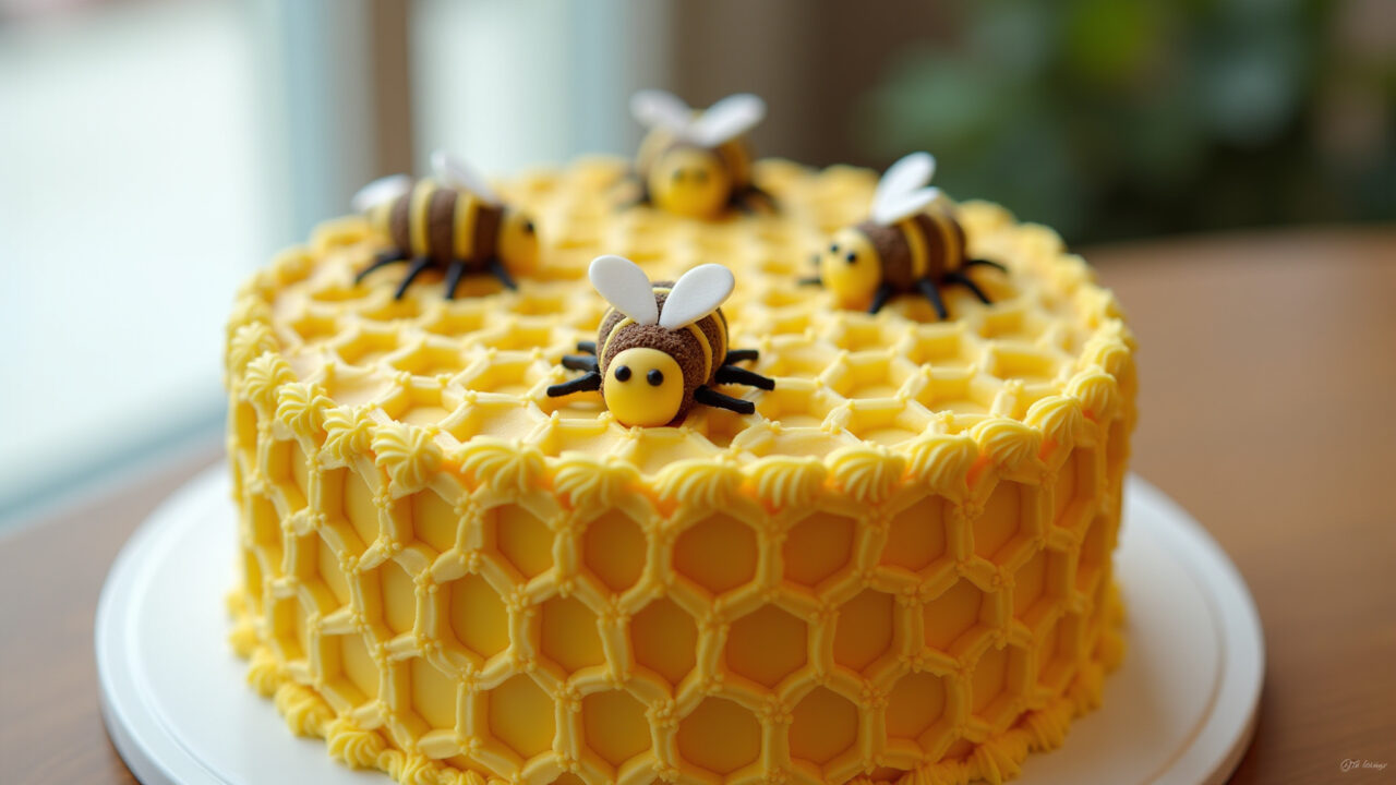 Professional photography of a bee-themed cake with fondant details, honeycomb pattern, fondant Bolo abelhinha decorado com pasta americana.