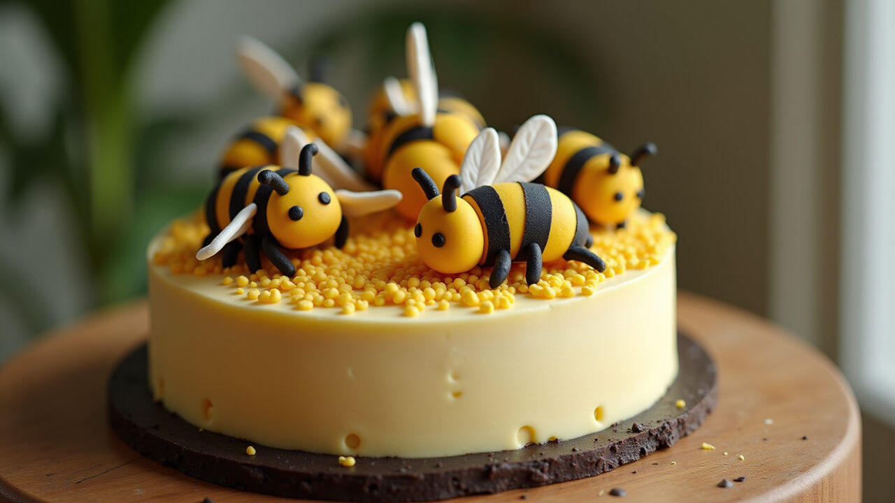 Professional photography of a bee-themed fake cake, durable decoration, fondant details, natural Bolo abelhinha fake.