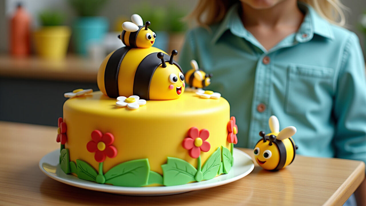 Professional photography of a colorful bee cake for kids, vibrant colors, cartoon bees, natural Bolo abelhinha infantil.