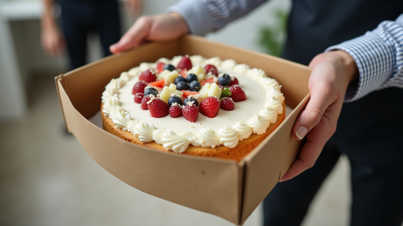 Professional photography of a decorated cake being carefully transported in a sturdy box, natural Bolo decorado sendo transportado em caixa resistente.