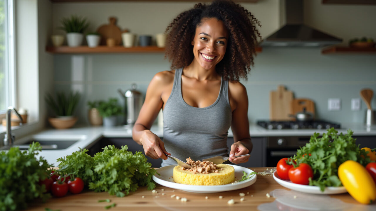 Professional photography of a fit woman in a modern Brazilian kitchen preparing tapioca with Tapioca fit com frango desfiado e vegetais, refeição saudável.